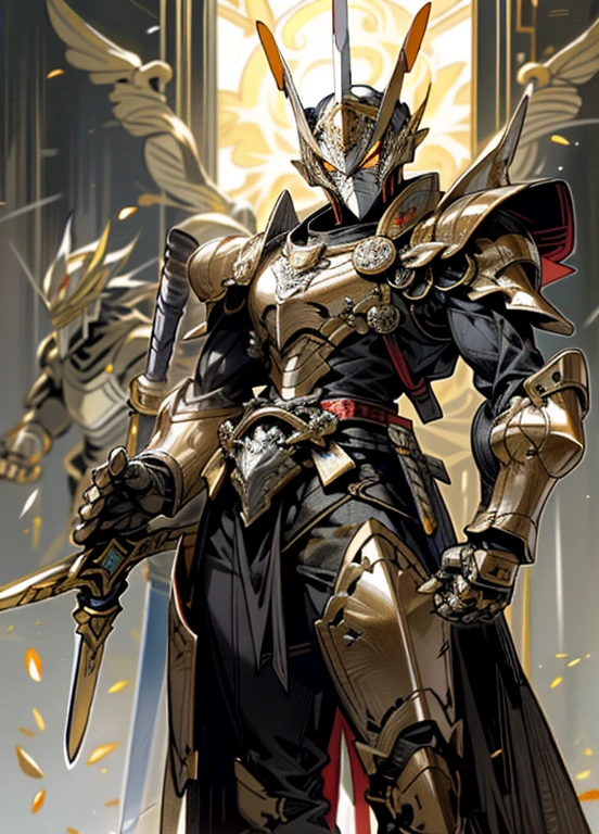Knights of the West,Gold armor,Pure gold one-handed sword,surrounded by fiery snakes,Divine flame,Divine brilliance,Clean,cross,Warrior of the gods,Mecha,Kamen Rider,Armor Warriors,ultraman,non-human,Bio-sense
