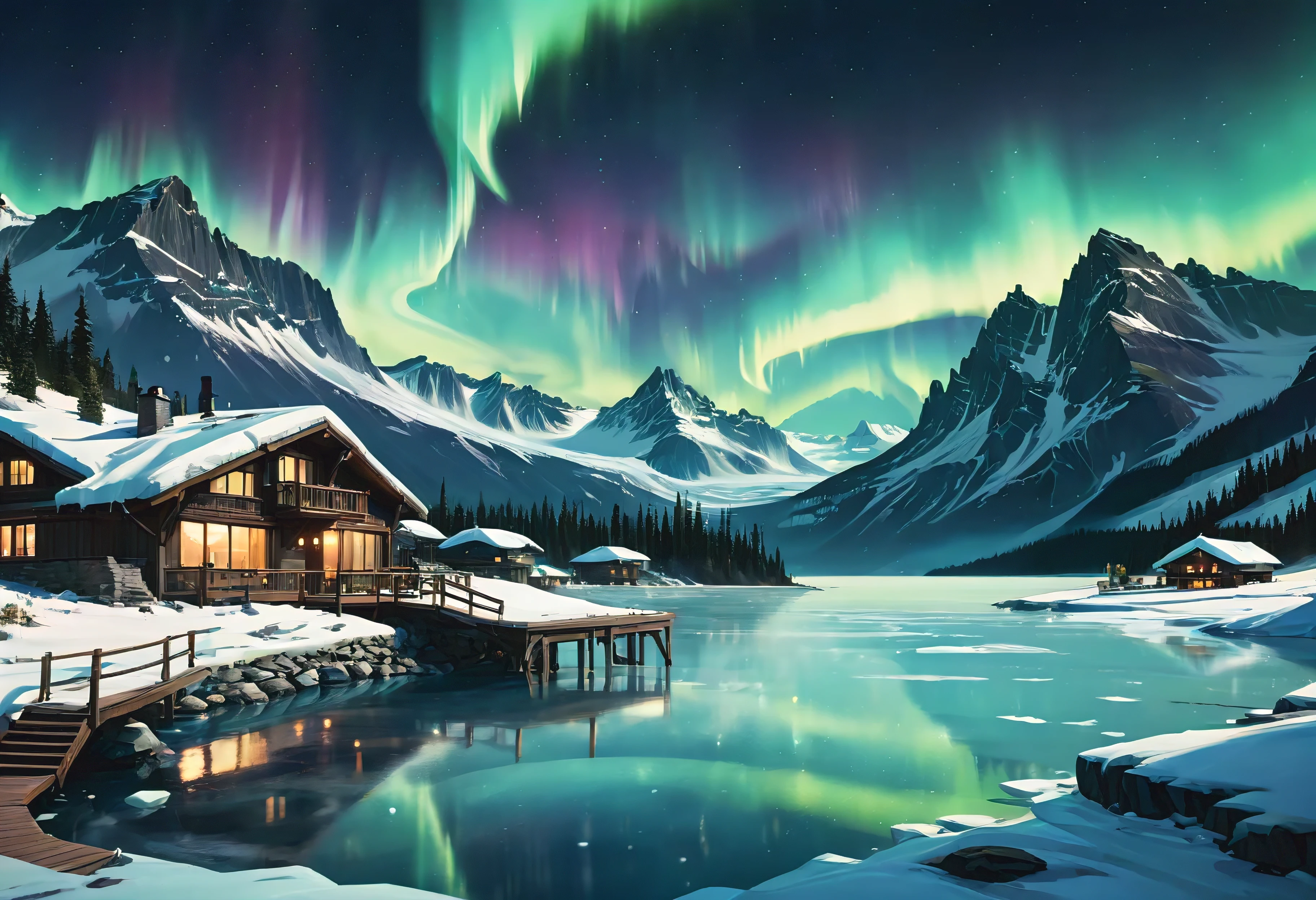 (Masterpiece in maximum 16K resolution), the best quality, (very detailed CG unity 16k wallpaper quality),(Soft colors 16k highly detailed digital art),Super Detailed. | Perfect image,16k UE5,official painting, superfine, Depth of field, no contrast, clean sharp focus, professional, No blurring. | The corner outdoor spa area on resort terrace overlooks the snowy lake, mesmerizing frozen lake, ((winter night):1.2),((aurora borealis):1.2),delicate white snow, amazing wallpapers, beautiful surroundings, optimistic matte painting, Beautiful digital artwork, lonely resort background, Beautiful and detailed scenes, UHD underground, UHD landscape, Relaxing concept art, beautiful winter resort. | (((More detail))).