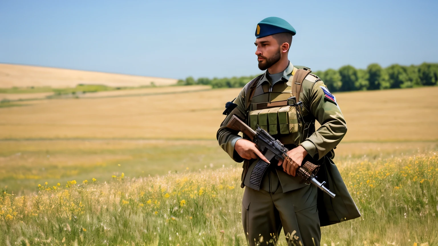 french army　infantryman　In combat　Summer steppe　beard saber