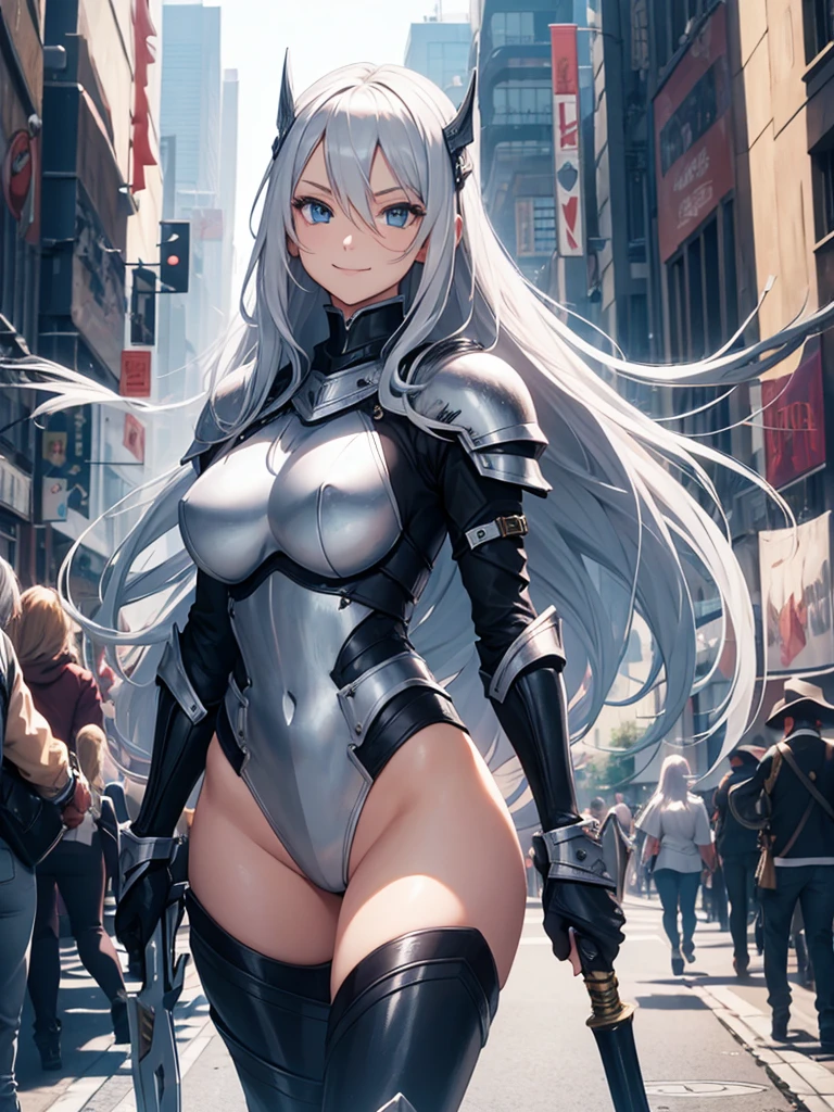 Female knight, leotard armor, long silver hair, blue eyes, smiling, walking in the crowded city, holding a weapon in hand, huge bust