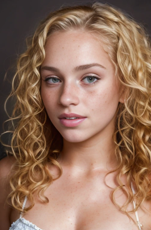 Please create me a beautiful blonde curly haired model with green eyes dark tan pretty tan and pink lips pretty smile