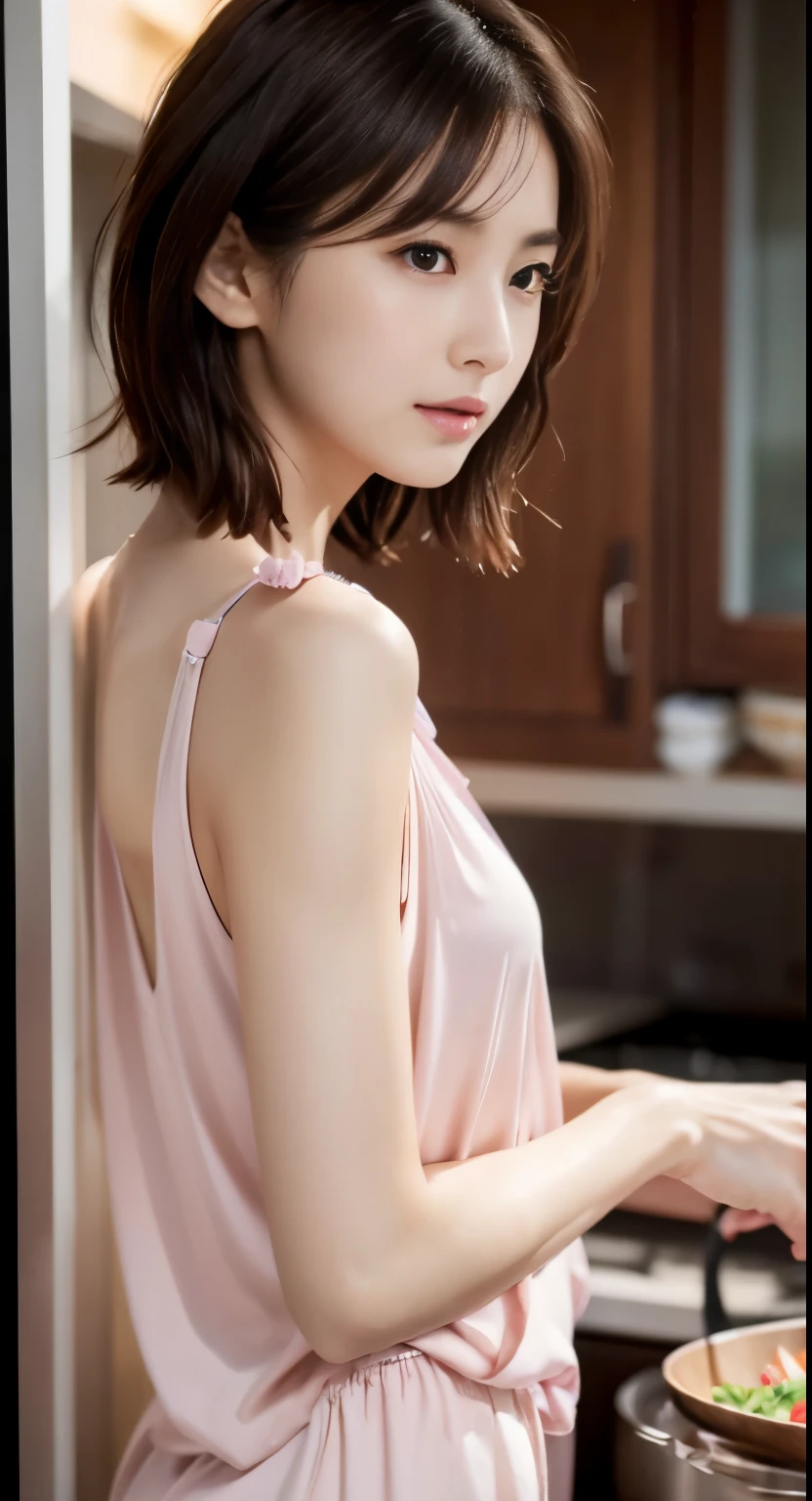 22 year old girl, short brown hair standing up, covering her body with a towel,no clothes in the bathroom looking at the mirror, looking at the camera, realistic --auto --s2