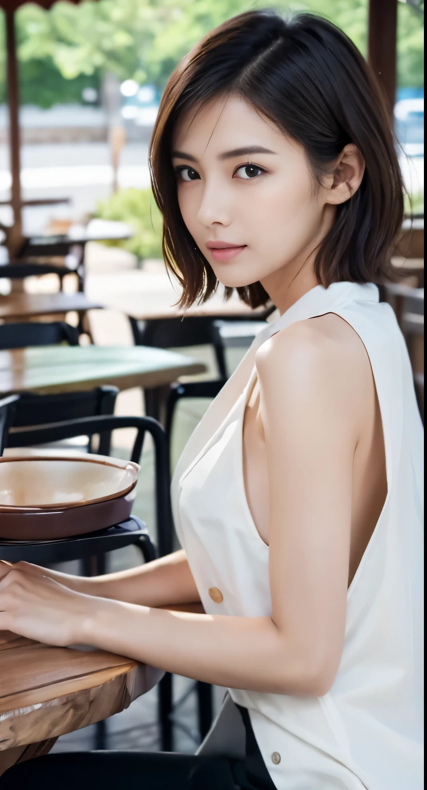 Photorealistic beautiful female student、18-year-old、amazingly beautiful、extremely fine transparency、beautiful body、(highest quality、8K、32K、masterpiece、nffsw:1.3)、ultra high resolution,(Photoreal:1.4),RAW photo, detailed face,,beautiful hair, ((Doctor Style)), ,very short hair 、very short hair、amazingly beautiful二重まぶた、beautiful nipples、 natural makeup,, small perfect breasts, wet hair、detailed background, perfect lighting, Depth of written boundary, beautiful shadow gradation、thin limbs、thin thighs、(whole body)、((suit))、((stylish cafe、Inside the store、cafe table and stylish chairs、coffee、Control your laptop))、Beautiful and slim perfect body、beautiful high nose、side view