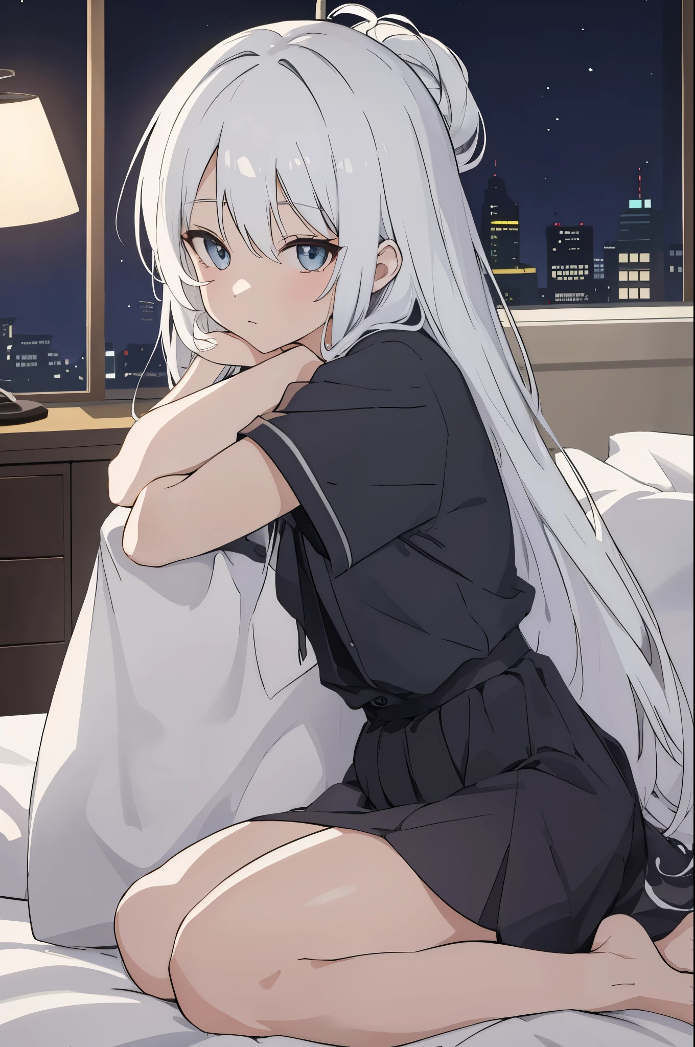 scene view,Sky,anime style,on the bed, house light ,night,, headrest, strong angle, curtsey,，white hair，white silk