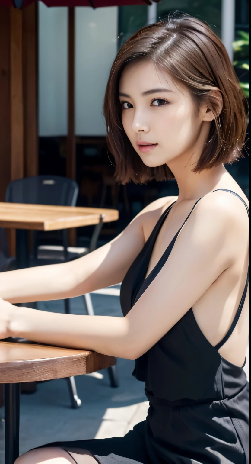 Photorealistic beautiful female student、18-year-old、amazingly beautiful、extremely fine transparency、beautiful body、(highest quality、8K、32K、masterpiece、nffsw:1.3)、ultra high resolution,(Photoreal:1.4),RAW photo, detailed face,,beautiful hair, ((Doctor Style)), ,very short hair 、very short hair、amazingly beautiful二重まぶた、beautiful nipples、 natural makeup,, small perfect breasts, wet hair、detailed background, perfect lighting, Depth of written boundary, beautiful shadow gradation、thin limbs、thin thighs、(whole body)、((suit))、((stylish cafe、Inside the store、cafe table and stylish chairs、coffee、Control your laptop))、Beautiful and slim perfect body、beautiful high nose、side view