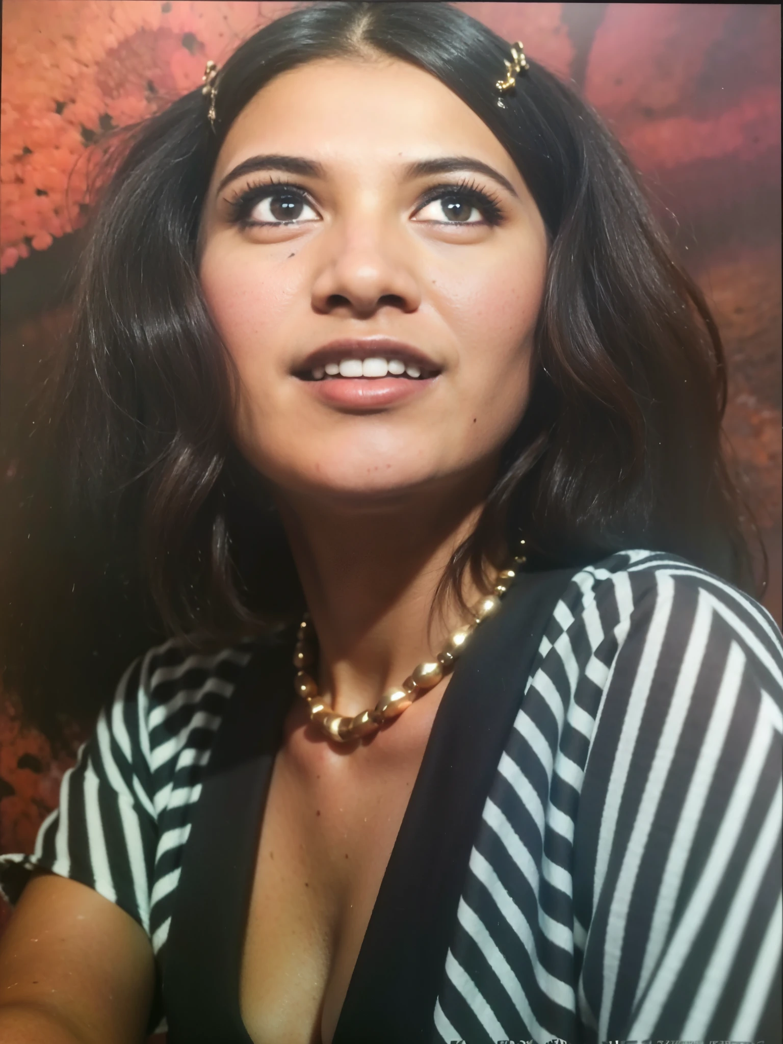 a close up of a woman with a necklace and a necklace on, photographic portrait, oil painting of realistic woman, beautiful portrait of a woman, 1 9 7 0 s female alive, photo from the 7 0 s, photo from the 70s, color studio portrait, close up portrait, photo of a woman, portrait realistic photograph, old yearbook photo, 8k portrait, detailed intricate fabric texture, (charcoal black theme:1.3), spiral patterns, body freckles, bright, high quality image, masterpiece, detailed hair texture, detailed skin texture, detailed cloth texture, 8k, add fabric details, ultra detailed skin texture, ultra detailed photo, skin pores, cloth details, high skin details, realistic hair details, (8K, RAW photo, best quality, masterpiece:1.2), (realistic, photo-realistic:1.4), ultra-detailed (grainy:0.2)