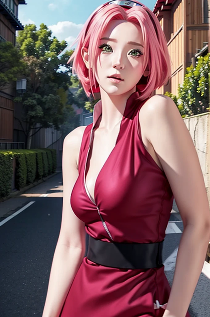 1girl, haruno sakura in anime naruto, short hair, pink hair, green eyes, beautiful, red clothes, very big breast, realistic clothes, detail clothes, outdoor background, ultra detail, realistic