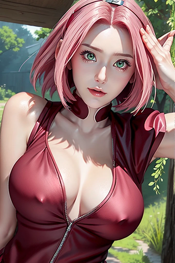 1girl, haruno sakura in anime naruto, short hair, pink hair, green eyes, beautiful, red clothes, very big breast, realistic clothes, detail clothes, outdoor background, ultra detail, realistic