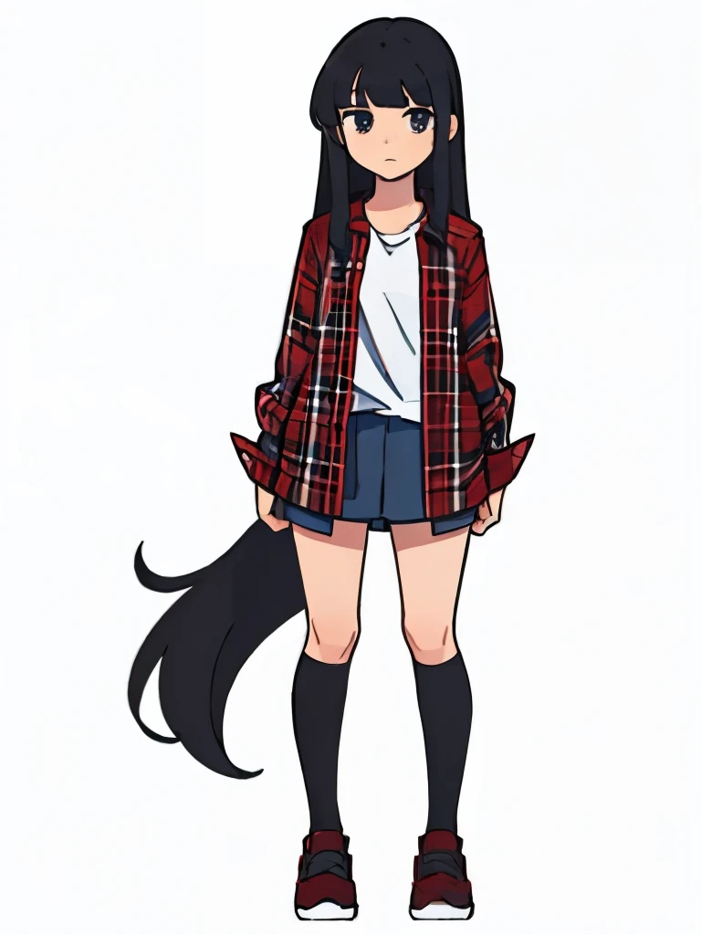Illustration of a girl standing straight having long black hair with bangs, wearing a red plaid shirt open button, white t shirt under, serious, full body portrait