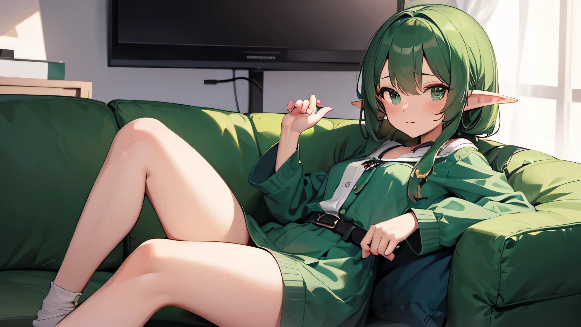 on the couch, girl, short stature, elf ears, Emerald hair, Green Outfit, watching TV