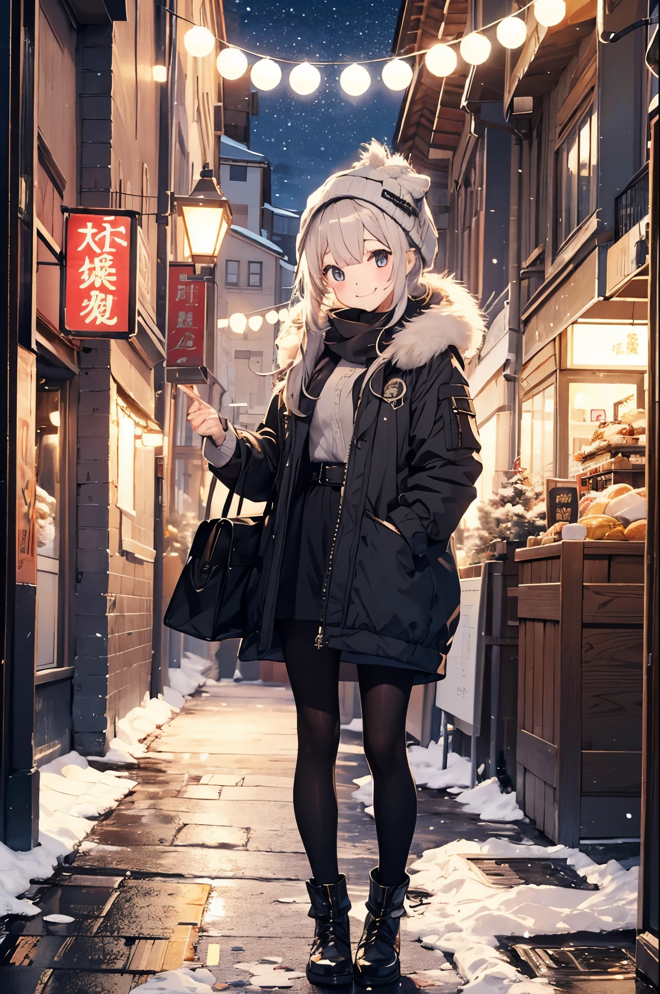 (Pretty sister:1.3)、happy face,winter atmosphere、In town、night、holiday