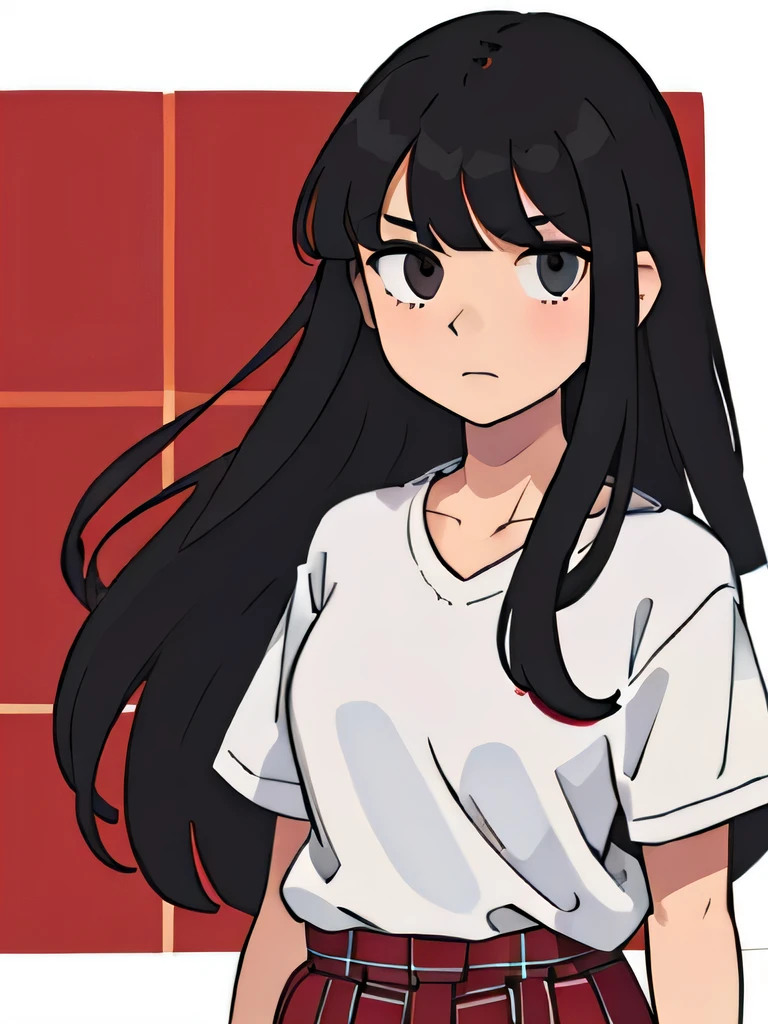 Illustration of a girl standing straight having long black hair with bangs, wearing a red plaid shirt open button, white t shirt under, serious, full body portrait