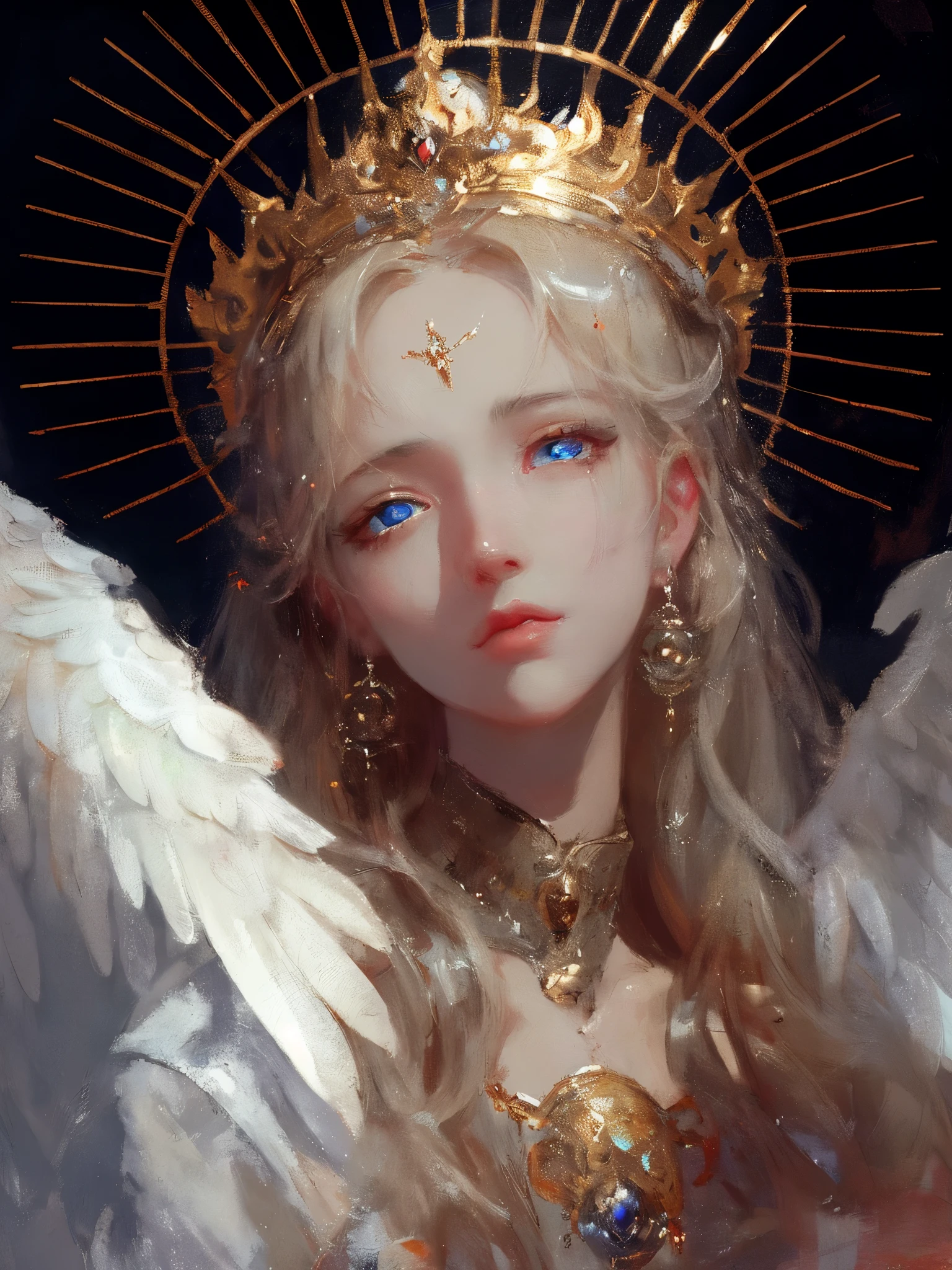 A painting of a woman wearing a crown and wings in a dark room, guweiz, Gurwitz Masterpiece, guweiz on pixiv artstation, guweiz style artwork, guweiz on artstation pixiv, Portrait of a beautiful angel, Wallop |, Angelic face, author:Yang Jie, loish and Wallop,Beautiful and charming aqua blue eyes