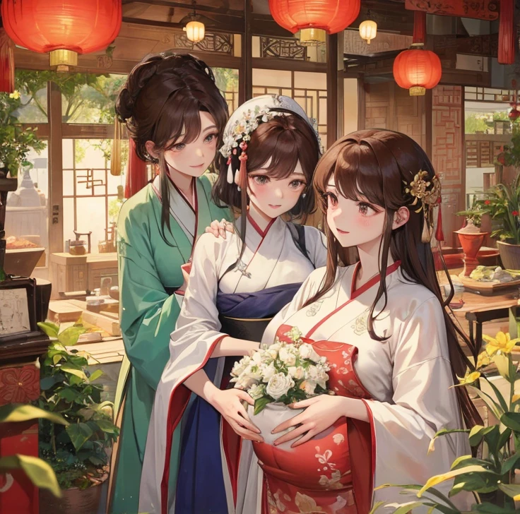 masterpiece, best quality, married woman， aldult, Chinese style, China, elder sister,  Smile, hairpin，brown hair, Princess，Full of motherhood，China传统服饰，purely，blush，Dignified yet lively，Mother，Hands on the stomach，Mature，Pregnant，Beautifully，pregnancy，wife，Thick hair，Hanfu，Women of good families