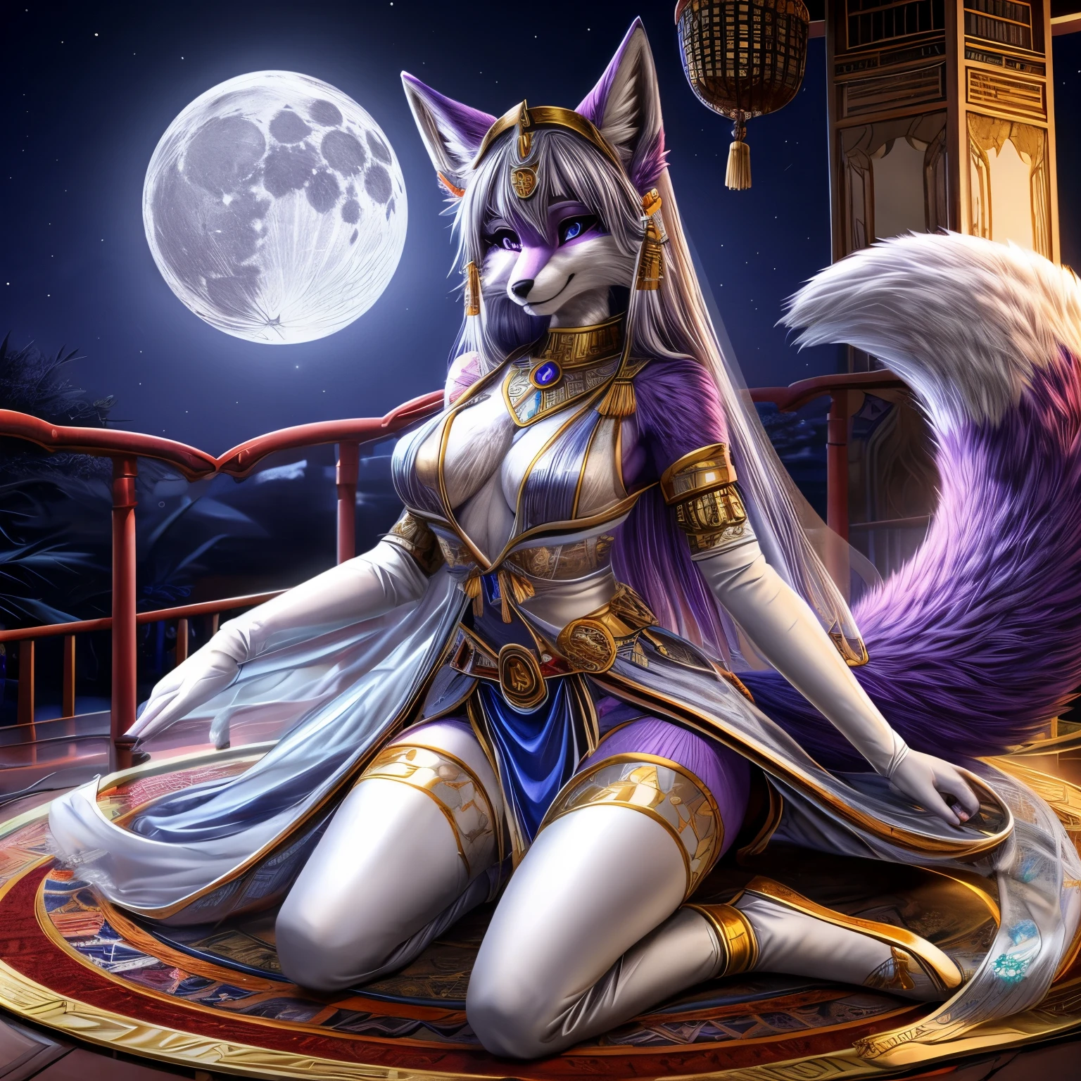 Sexy furry anthropomorphic fox lady with purple fur, wearing a silver japanese moon priestess outfit and silver ballet flats.