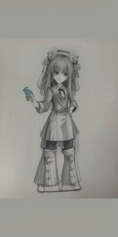 drawing of a girl with a umbrella and a bird flying in the sky, full body drawing, old sketch, loose pencil sketch, full body portrait of a short!, faded drawing, an anime drawing, pencil doodle, full body character drawing, long haired humanoid fursona, anime style character, shading!!!, tall female emo art student, anime character, with out shading