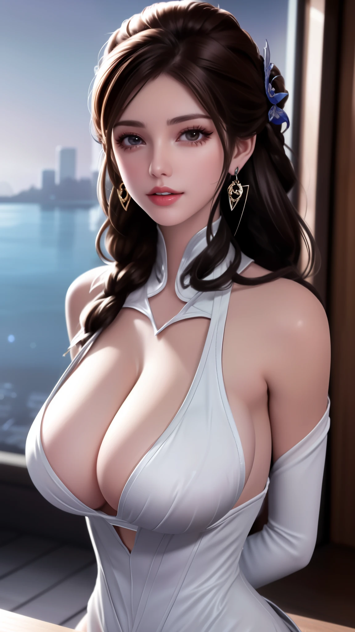 hair ornament, dress,elbow gloves, looking at viewer, earrings, cityscape, night, indoors, window, lake,table,standing, arms behind back,、exposing her chest、Show breasts、huge boobs,huge breasts、exposing her chest、exposing her chest、Show breasts、huge boobs,huge breasts、exposing her chest、exposing her chest、Show breasts、huge boobs,huge breasts、exposing her chest、exposing her chest、Show breasts、huge boobs,huge breasts、exposing her chest、exposing her chest、Show breasts、huge boobs,huge breasts、exposing her chest、exposing her chest、Show breasts、huge boobs,huge breasts、exposing her chest、exposing her chest、Show breasts、huge boobs,huge breasts、exposing her chest、exposing her chest、Show breasts、huge ,huge breasts、exposing her chest