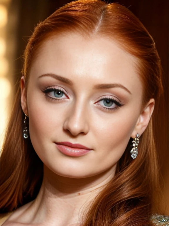 a stunning photo Sansa Stark played by Sophie Turner, Game of thrones series stills, cinematic colour grading, gorgeous, Awesome, Attractive, Amazing, Beautiful, Breathtaking, Charming, Dashing, Dazzling, Elegant, Fantastic, Fabulous, Gorgeous, Hot, Marvelous, Magnificent, Mindblowing, Stunning woman, woman smirking, natural lighting, epic character composition,sharp focus, film grain, Sophie Turner, the de facto Lady of the Eyrie, is a 40-year-old mature queen with a stunning, alluring appearance. She wears a Game of Thrones-inspired costume and has a deep cleavage, a perfect thick body, and a perfect thick body. The photo captures her in a close-up, with her skin texture and facial features being ultra-realistic and realistic.