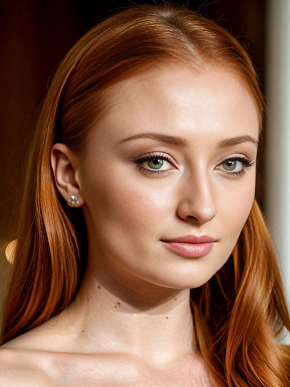 a stunning photo Sansa Stark played by Sophie Turner, Game of thrones series stills, cinematic colour grading, gorgeous, Awesome, Attractive, Amazing, Beautiful, Breathtaking, Charming, Dashing, Dazzling, Elegant, Fantastic, Fabulous, Gorgeous, Hot, Marvelous, Magnificent, Mindblowing, Stunning woman, woman smirking, natural lighting, epic character composition,sharp focus, film grain, Sophie Turner, the de facto Lady of the Eyrie, is a 40-year-old mature queen with a stunning, alluring appearance. She wears a Game of Thrones-inspired costume and has a deep cleavage, a perfect thick body, and a perfect thick body. The photo captures her in a close-up, with her skin texture and facial features being ultra-realistic and realistic.