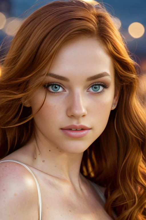 (close-up editorial photo of 25 yo woman, ginger hair, slim American sweetheart), (freckles:0.8), (lips parted), realistic green eyes, (catchlight in eyes), POV, realistic, film grain, 25mm, f/1.2, dof, bokeh, beautiful symmetrical face, perfect sparkling eyes, well defined pupils, high contrast eyes, ultra detailed skin, skin pores, vellus hair, fabric stitching, fabric texture, wood grain, stone texture, finely detailed features, ((background new york city at (night)))