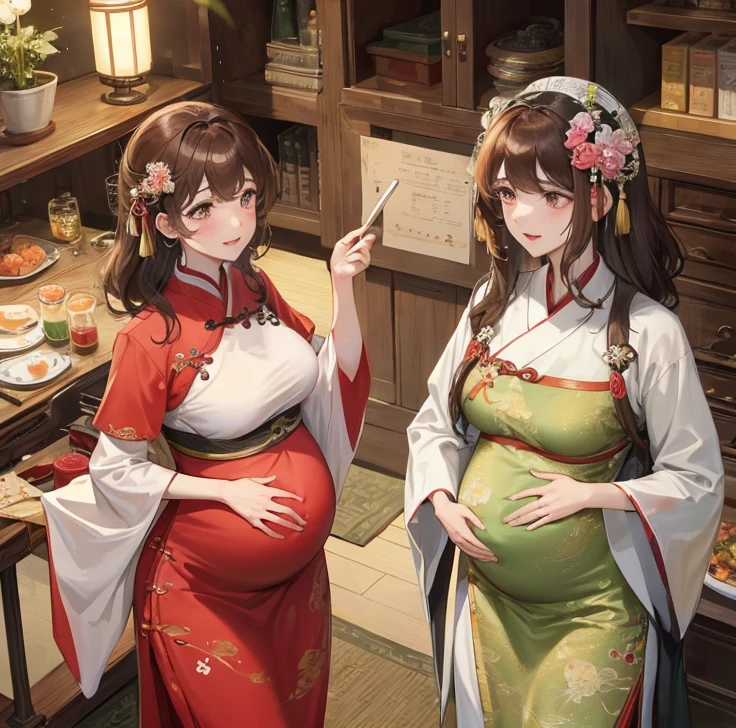 masterpiece, best quality, married woman, aldult, Chinese style, China, elder sister, Smile, hairpin,brown hair, Princess,Full of motherhood,China传统服饰,purely,blush,Dignified yet lively,Mother,Hands on the stomach,Mature,Pregnant,Beautifully,pregnancy,wife,Thick hair,Hanfu