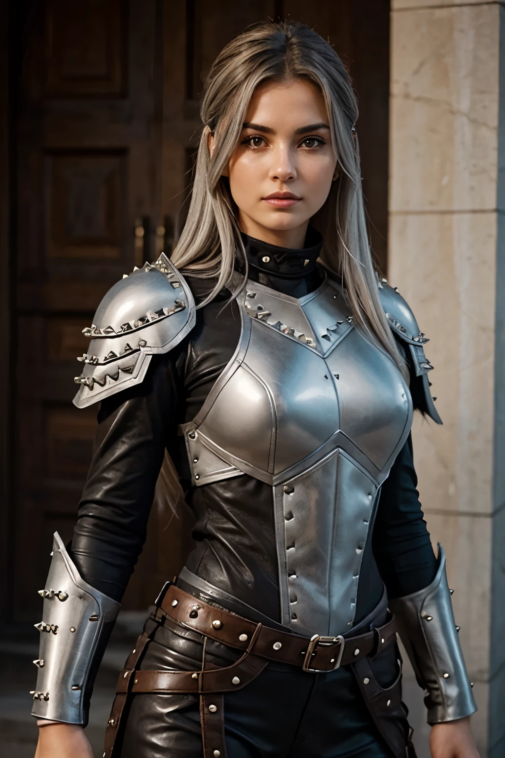 beautiful ranger woman with grey hair and soft brown eyes in studded leather armor