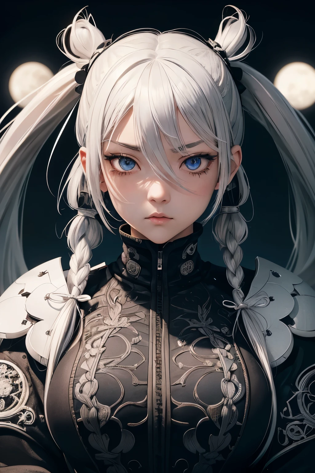 style of Tsutomu Nihei,(incredibly absurdres, (high resolution:1.18), intricate detail, (masterpiece:1.1), (highest quality:1.1), absurdres),(1girl, school girl, pov portrait from below, platinum white hair in pigtails, moonlight eyes, long hair, detailed eyelashes), super huge enormously gigantic tits