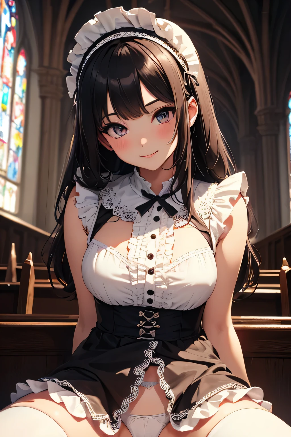 very cute and beautiful girl,(very detailed美しい顔と目:1.2),
(smile),blush,black hair,looking at the viewer,(Floral brown ta dress with detailed ruffles),detailed lace,
sitting,(spread your legs),turn your arms behind your back,(white panties),
altar,church,indoors,
(highest quality,masterpiece:1.2),disorganized,High resolution,super detailed,very detailed,32K,8K resolution,
intricate details,movie-like scene,detailed background,alone,dynamic angle,