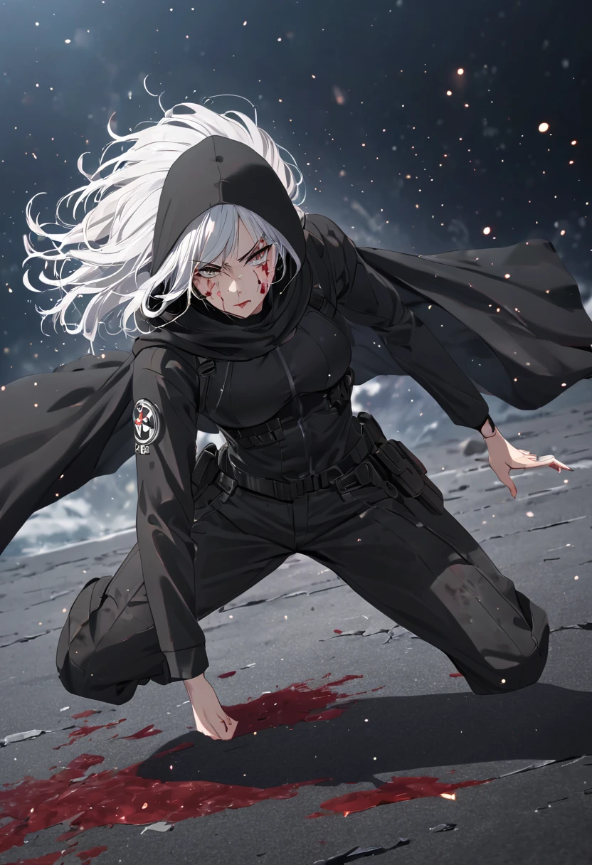 Fighting girl, epic, with particles, HD, 8k, white hair, with black cape, line marks on the face, serious face, closed mouth, casual pose, hands in Bruce Lee position, tactical pants, black hood, black lines under eyes, black polar diver, eyes with marked rings, detailed face, blood on the lips, full body,
