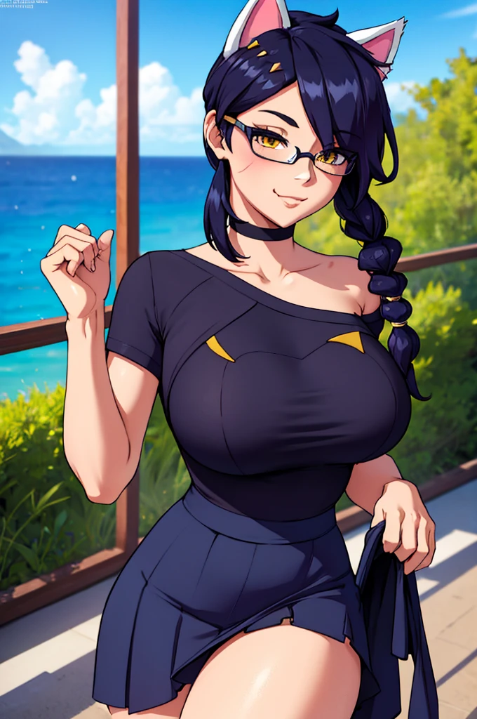 Erisa, 1girl, solo, long hair, looking at viewer, black hair, bandaid on face, yellow eyes, animal ears, smile, bandaid on nose, braid, cat ears, bandaid, bangs, breasts, fake animal ears, simple background, fang, bare shoulders, scar, bare shoulders, short sleeves, closed mouth, t-shirt, hair over one eye, portrait, hair over shoulder, skin tight shirt, legs, glasses, school wear, outfit, short skirt, ocean view, seductive, realistic, detailed eyes, best quality, masterpiece, ultra detail, ultra high res, extreme detail, 8k, uhd