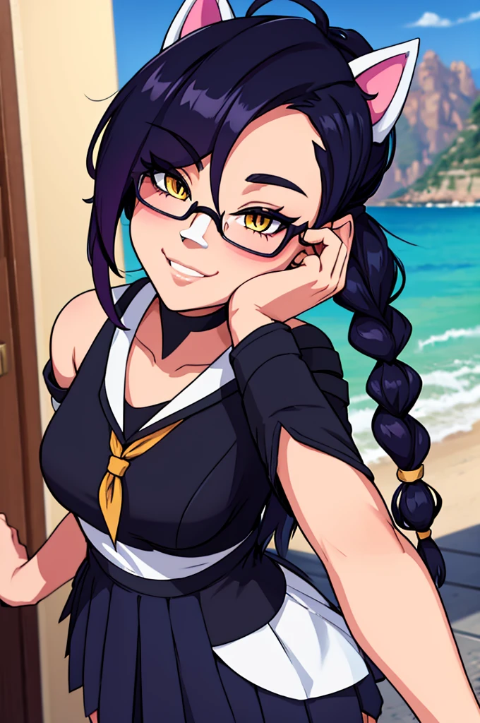 Erisa, 1girl, solo, long hair, looking at viewer, black hair, bandaid on face, yellow eyes, animal ears, smile, bandaid on nose, braid, cat ears, bandaid, bangs, breasts, fake animal ears, simple background, fang, bare shoulders, scar, bare shoulders, short sleeves, closed mouth, t-shirt, hair over one eye, portrait, hair over shoulder, skin tight shirt, legs, glasses, school wear, outfit, short skirt, ocean view, seductive, realistic, detailed eyes, best quality, masterpiece, ultra detail, ultra high res, extreme detail, 8k, uhd