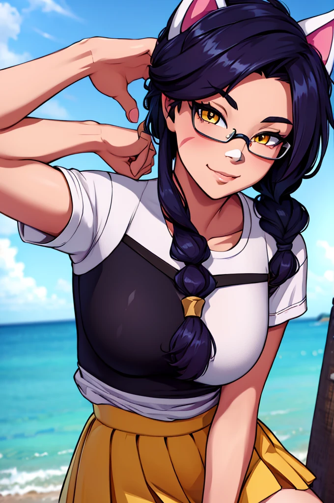 Erisa, 1girl, solo, long hair, looking at viewer, black hair, bandaid on face, yellow eyes, animal ears, smile, bandaid on nose, braid, cat ears, bandaid, bangs, breasts, fake animal ears, simple background, fang, bare shoulders, scar, bare shoulders, short sleeves, closed mouth, t-shirt, hair over one eye, portrait, hair over shoulder, skin tight shirt, legs, glasses, school wear, outfit, short skirt, ocean view, seductive, realistic, detailed eyes, best quality, masterpiece, ultra detail, ultra high res, extreme detail, 8k, uhd