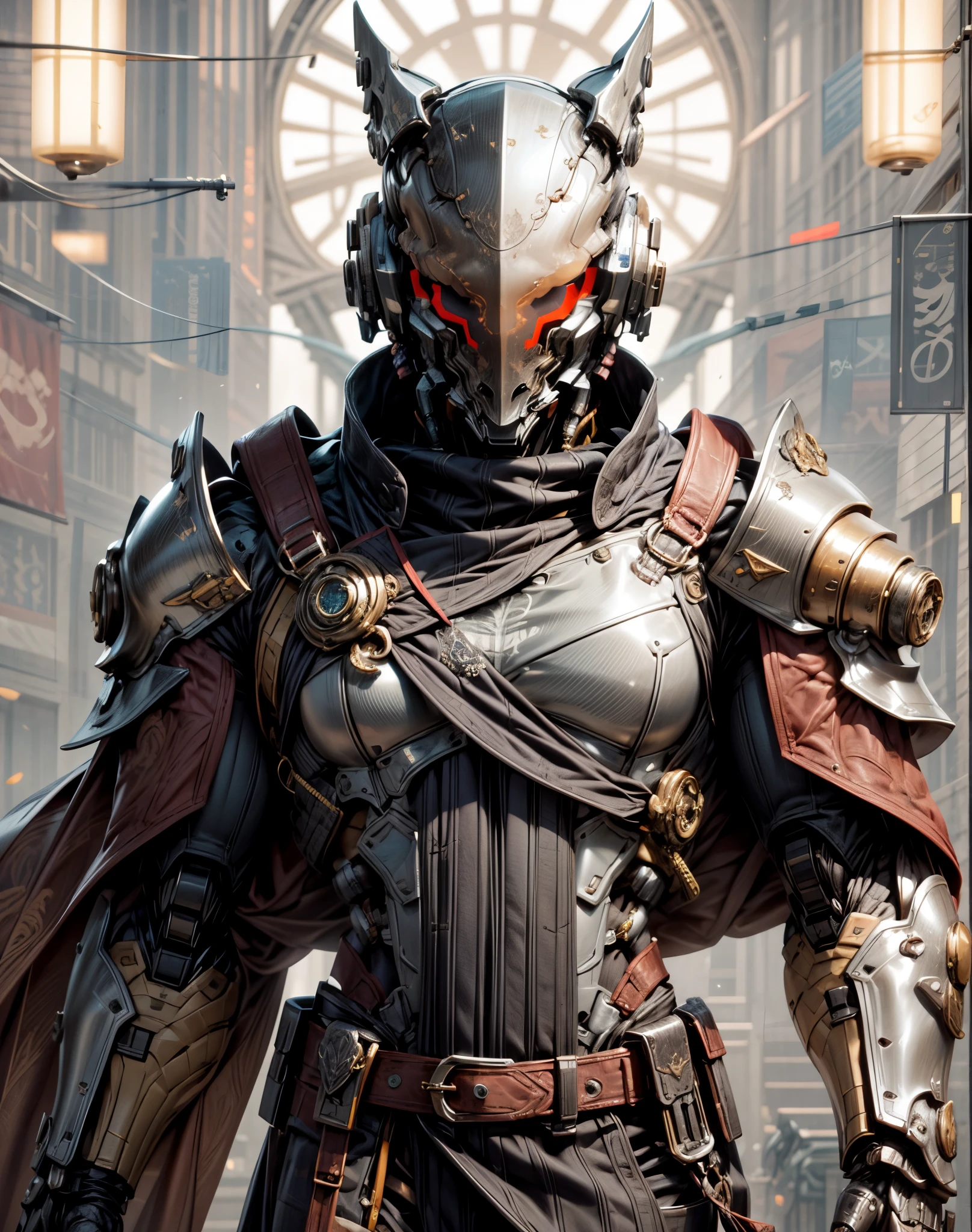 (((An epic and visually stunning digital anime masterpiece:1.5, art piece featuring an elegant masculine military mechanical ((cyborg)) soldier:1.7, wearing a sleek yet tactical decorated military trench coat:1.6))), (((heavily muscled masculine chest:1.6, chiseled abs:1.6, heavily toned:1.6, slim yet muscular:1.6))), (((tactical mechanical knight helmet:1.8, mechanical full head knight helmet:1.8, bright eyes:1.9))), (((the character is clothed in a scifi tactical double breasted trench coat with a built in exoskeleton:1.6))), (((over a form fitted armor plated yet super sleek and sensually revealing under suit, waist and thighs exposed:1.6))), ((The image showcases the intricacies of the character’s armor and clothing:1.4)), ((capturing their flamboyant feminine essence and heavy mechanical art deco aesthetic:1.5)), ((The character also possesses a more feminine androgynous body build:1.6)), (((with a toned yet heavily muscled gorgeous feminine physique:1.4, a sleek waist:1.4, mesomorphic mechanical muscular torso, toned yet beautifully sleek mechanical arms and legs:1.6, with thick well rounded thighs:1.6, mechanical muscles))), ((looking at viewer)), (((brass metal armor and brown leather))), ((((depth of field, cinematic lighting, chromatic aberration, ray tracing, UHD, masterpiece, top of head covered, super detail, high details, high quality, award winning, 8k, highres)))), (((dieselpunk:1.4, decopunk:1.4, artificial muscle:1.5))), (((beautiful engraved scifi gothic armor:1.8)))