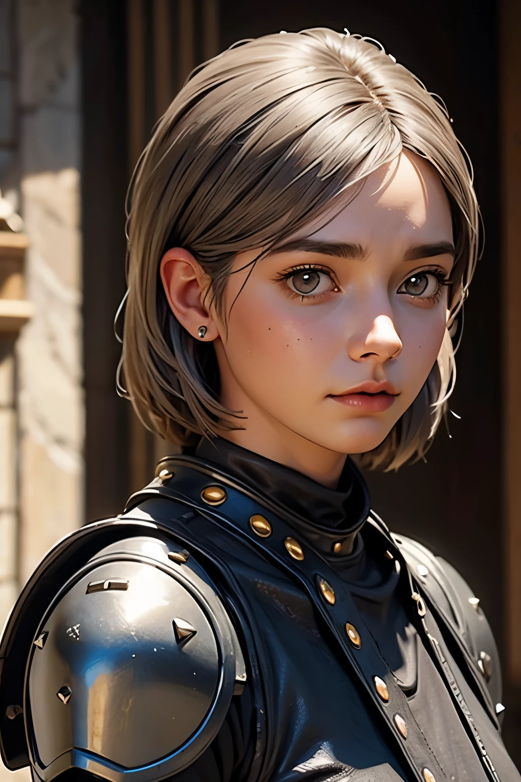 beautiful ranger woman with grey hair and soft brown eyes in studded leather armor