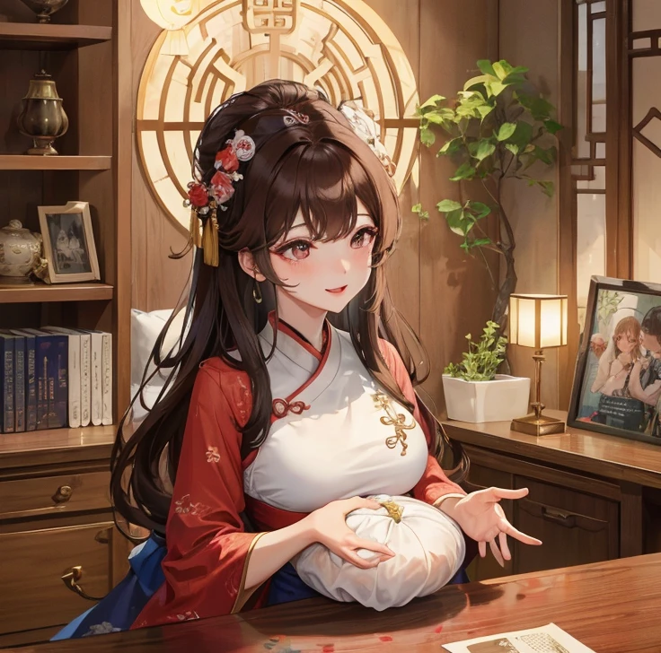 masterpiece, best quality, married woman, aldult, Chinese style, China, elder sister, Smile, hairpin,brown hair, Princess,Full of motherhood,China传统服饰,purely,blush,Dignified yet lively,Mother,Hands on the stomach,Mature,Pregnant,Beautifully,pregnancy,wife,Thick hair,Hanfu,Women of good families,闭嘴Smile