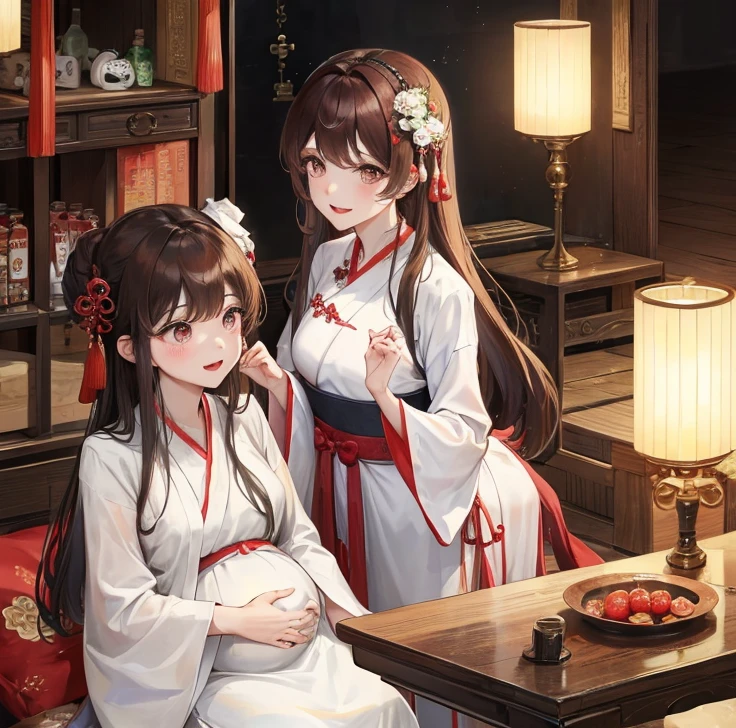 masterpiece, best quality, married woman, aldult, Chinese style, China, elder sister, Smile, hairpin,brown hair, Princess,Full of motherhood,China传统服饰,purely,blush,Dignified yet lively,Mother,Hands on the stomach,Mature,Pregnant,Beautifully,pregnancy,wife,Thick hair,Hanfu,Women of good families,闭嘴Smile