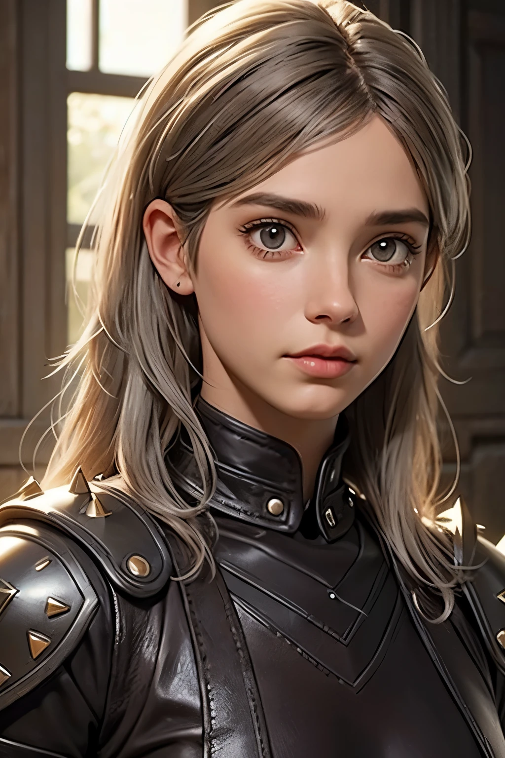 beautiful ranger woman with grey hair and soft brown eyes in studded leather armor