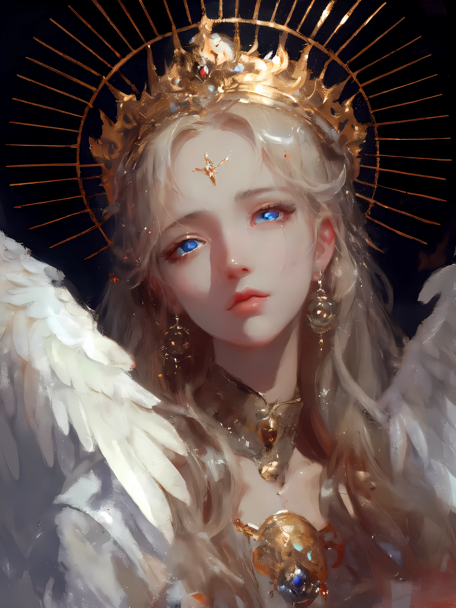A painting of a woman wearing a crown and wings in a dark room, guweiz, Gurwitz Masterpiece, guweiz on pixiv artstation, Gurwitz style artwork, guweiz on artstation pixiv, Portrait of a beautiful angel, Wallop |, Angelic face, author：Yang Jie, loish and Wallop,Beautiful and charming aqua blue eyes