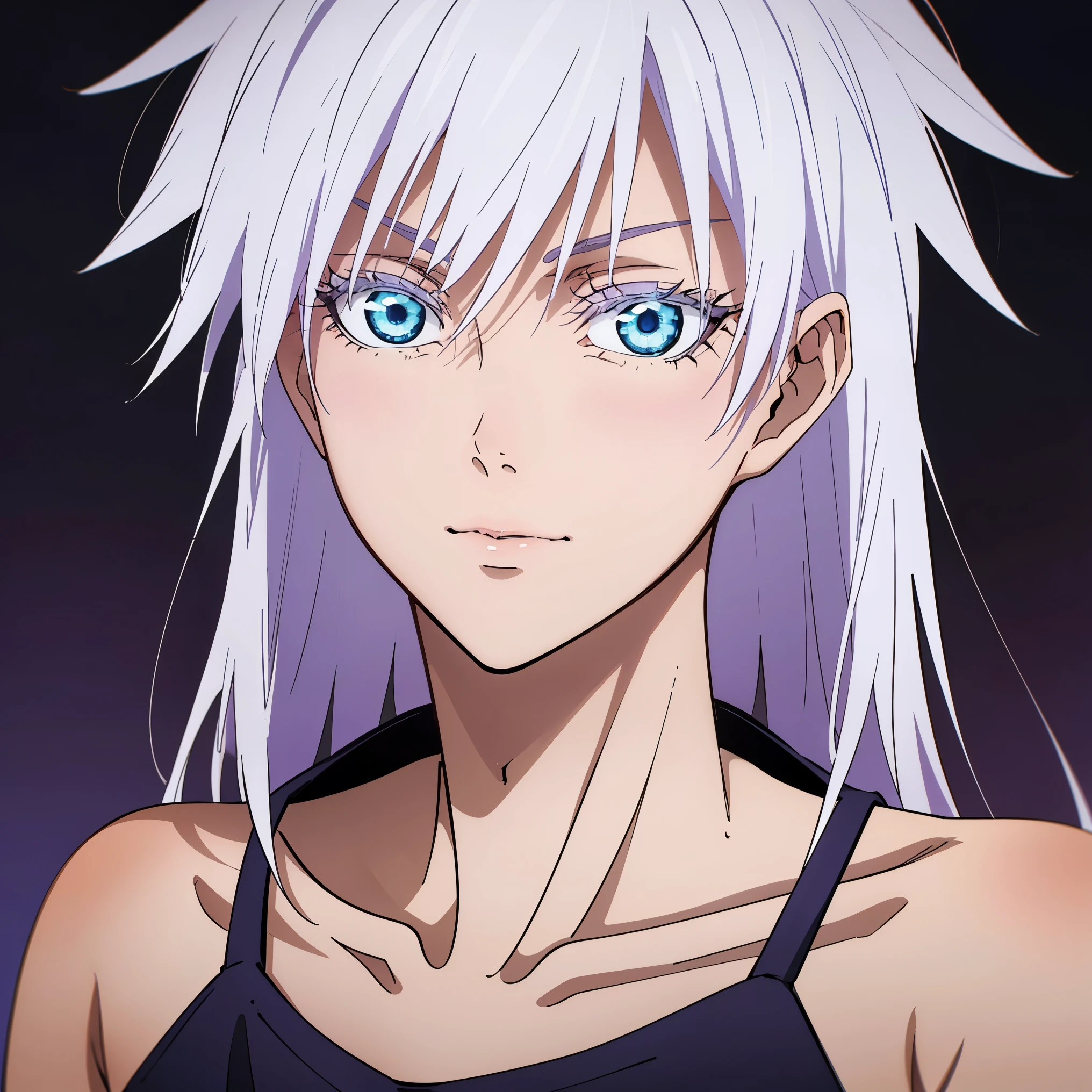 8k, mouthpiece, (straight long hair), ((Jujutsu Kaisen drawing)), red cheeks, Gojo Satoru female body solo, ((one woman)), ((Six eyes)), ((beautiful light blue eyes)),  ((White lashes)),   white hair,  ((Purple and black clothes)), 