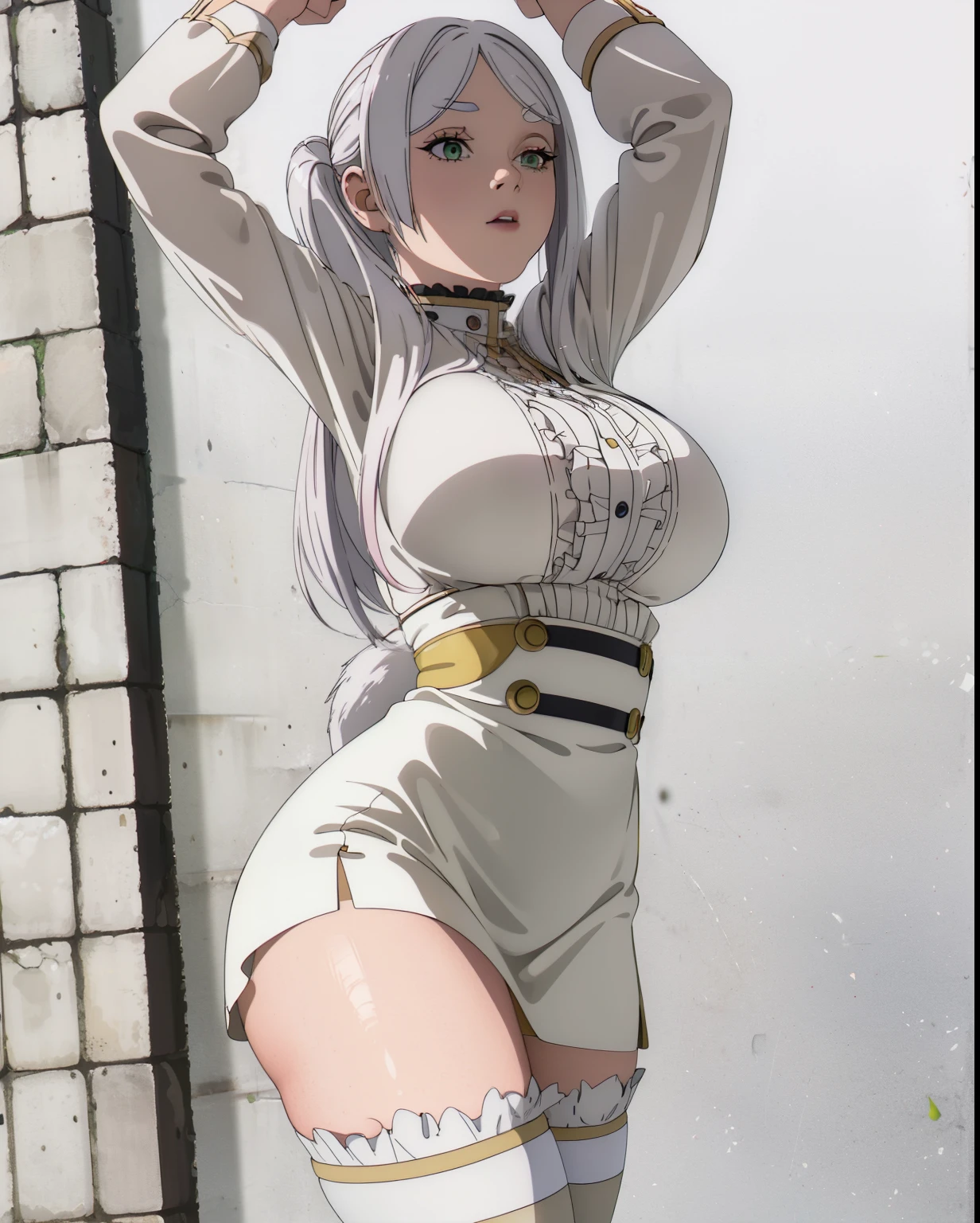 (8k, RAW photos, top quality, masterpiece: 1.2), (realistic, photorealistic: 1.37), (High Quality), (Ultra realistic), (High Details), (Face detail), (Shadow Detail), (big breast), Mature female, 1 girl, solo, green eyes, White hair, two tails, white eyebrow, Pink Lips, Extreamly Face Detailed, yellow dress, White stocking, Frieren