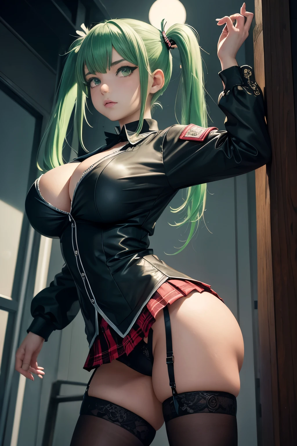 style of Tsutomu Nihei,(incredibly absurdres, (high resolution:1.18), intricate detail, (masterpiece:1.1), (highest quality:1.1), absurdres),(1girl, school girl uniform and school girl skirt, portrait, neon green hair in pigtails, moonlight eyes, long hair, detailed eyelashes), super huge enormously gigantic tits, cleavage showing, arching her back in a sexy seductive slutty pose 