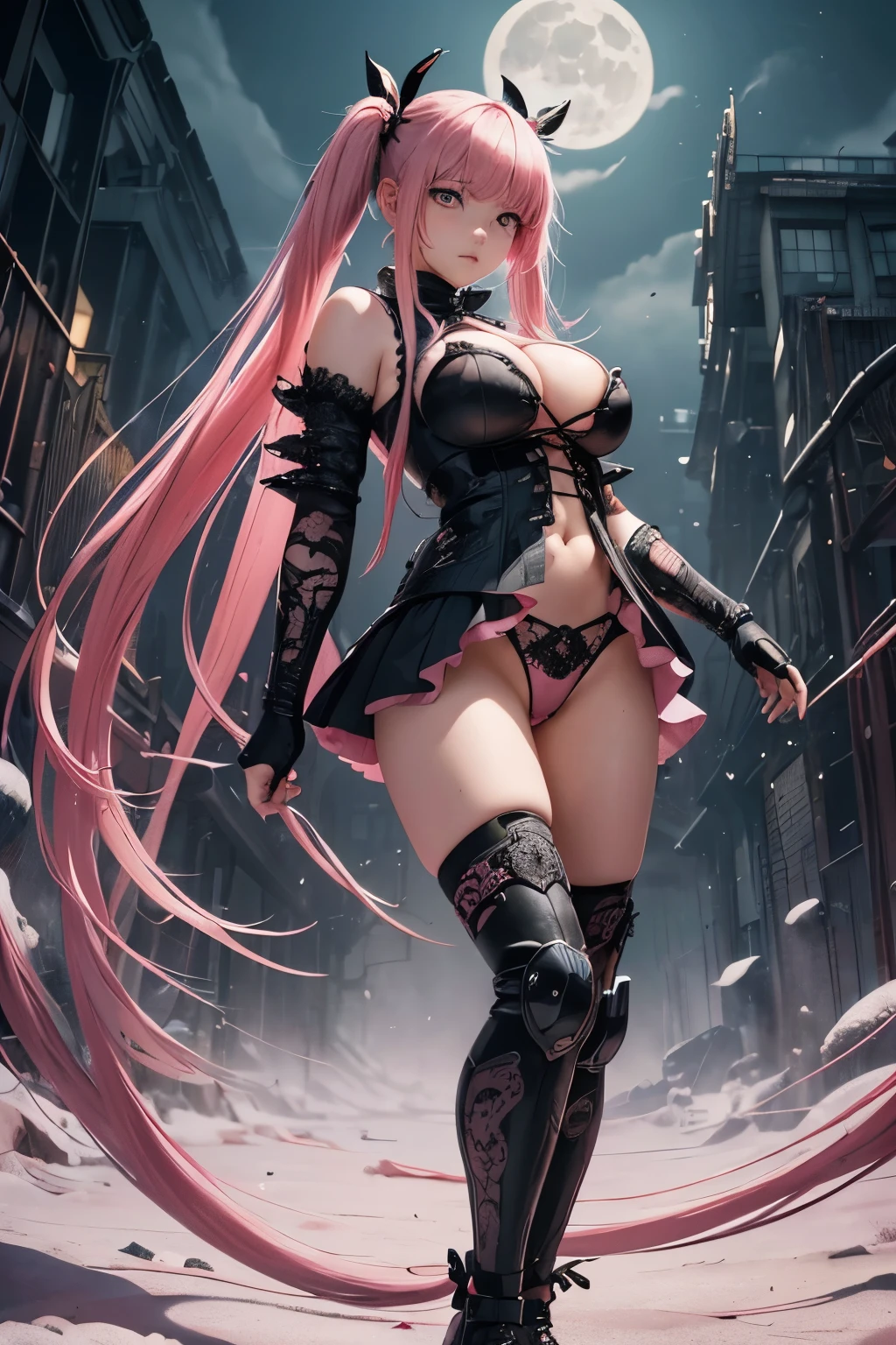 style of Tsutomu Nihei,(incredibly absurdres, (high resolution:1.18), intricate detail, (masterpiece:1.1), (highest quality:1.1), absurdres),(1girl,  girl, full body portrait, pink hair in pigtails, moonlight eyes, long hair, detailed eyelashes), super huge enormously gigantic tits, cleavage showing, sexy seductive slutty pose 