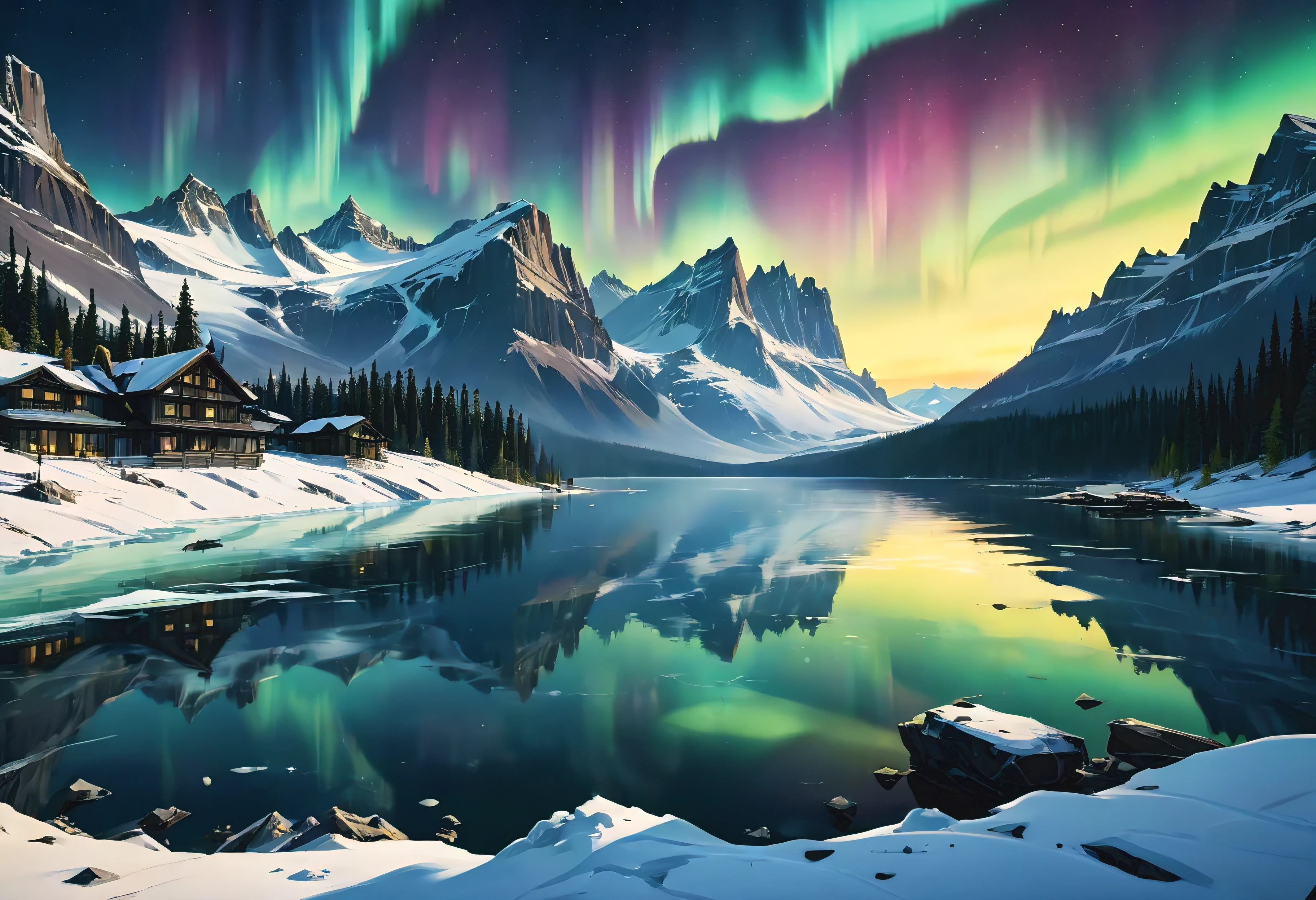 (Masterpiece in maximum 16K resolution), the best quality, (very detailed CG unity 16k wallpaper quality),(Soft colors 16k highly detailed digital art),Super Detailed. | Perfect image,16k UE5,official painting, superfine, Depth of field, no contrast, clean sharp focus, professional, No blurring. | The corner outdoor spa area on resort terrace overlooks the snowy lake, mesmerizing frozen lake, ((winter night):1.2),((aurora borealis):1.2),delicate white snow, amazing wallpapers, beautiful surroundings, optimistic matte painting, Beautiful digital artwork, lonely resort background, Beautiful and detailed scenes, UHD underground, UHD landscape, Relaxing concept art, beautiful winter resort. | (((More detail))).