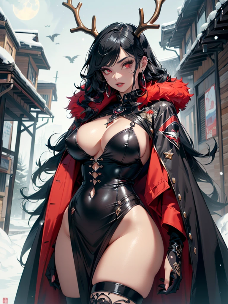 gothic reindeer girl,(((1girl))),((extremely cute and beautiful black haired anime gothic reindeer girl)),
(((anthro furry:1.2), Playboy_Reindeer, reindeer_antlers,(huge antlers:1.2),)),(large breasts:1.4),saggy breasts,((((black curly hair:1.35,medium hair,colored inner hair,ear breathing)))),(((red eyes:1.3))),intricate eyes,beautiful detailed eyes,symmetrical eyes,big eyes:1.5,((fat)),(((lustrous skin:1.5,bright skin: 1.5,skin tanned,shiny skin,very shiny skin,shiny body,plastic glitter skin,exaggerated shiny skin,illuminated skin))),(spider lower abdomen,narrow waist,wide hip,athletic body,inflated legs,delicate detailed fingers,detailed body,detailed arms,human hands,(detailed face)),
cute,slutty,seductive,erotic,(((nsfw))),
zettai ryouiki,revealing clothing,show skin,(((Sexy goth fur coat, goth fur coat outfit, wearing a goth fur coat:1.3,dark red winter coat))),((red goth mini-skirt,red goth mini skirt with furry edge,visible thong straps)),(red gothic clothes,semi-naked,with little goth clothing),((((Black Eyeshadow,Thick Black Eyeliner,Long Dramatic Eyelashes,Black Lips,moon Accessories,ravens ornaments)))),((ravens on her clothes)),(((intricate outfit,intricate clothes,embroidered outfit,ornate outfit))),
(dynamic pose:1.0),embarrassed,(centered,scale to fit dimensions,Rule of thirds),
((snowy pine forest at night)), with dark stormy clouds,winter,scenery:1.25,((snow forest background)),Christmas tree,
highres,sharp focus,(ultra detailed,extremely detailed),(photorealistic artwork:1.37),(extremely detailed CG unity 8k wallpaper),(((vibrant colors,vibrant theme))),(intricate),(masterpiece),(best quality),