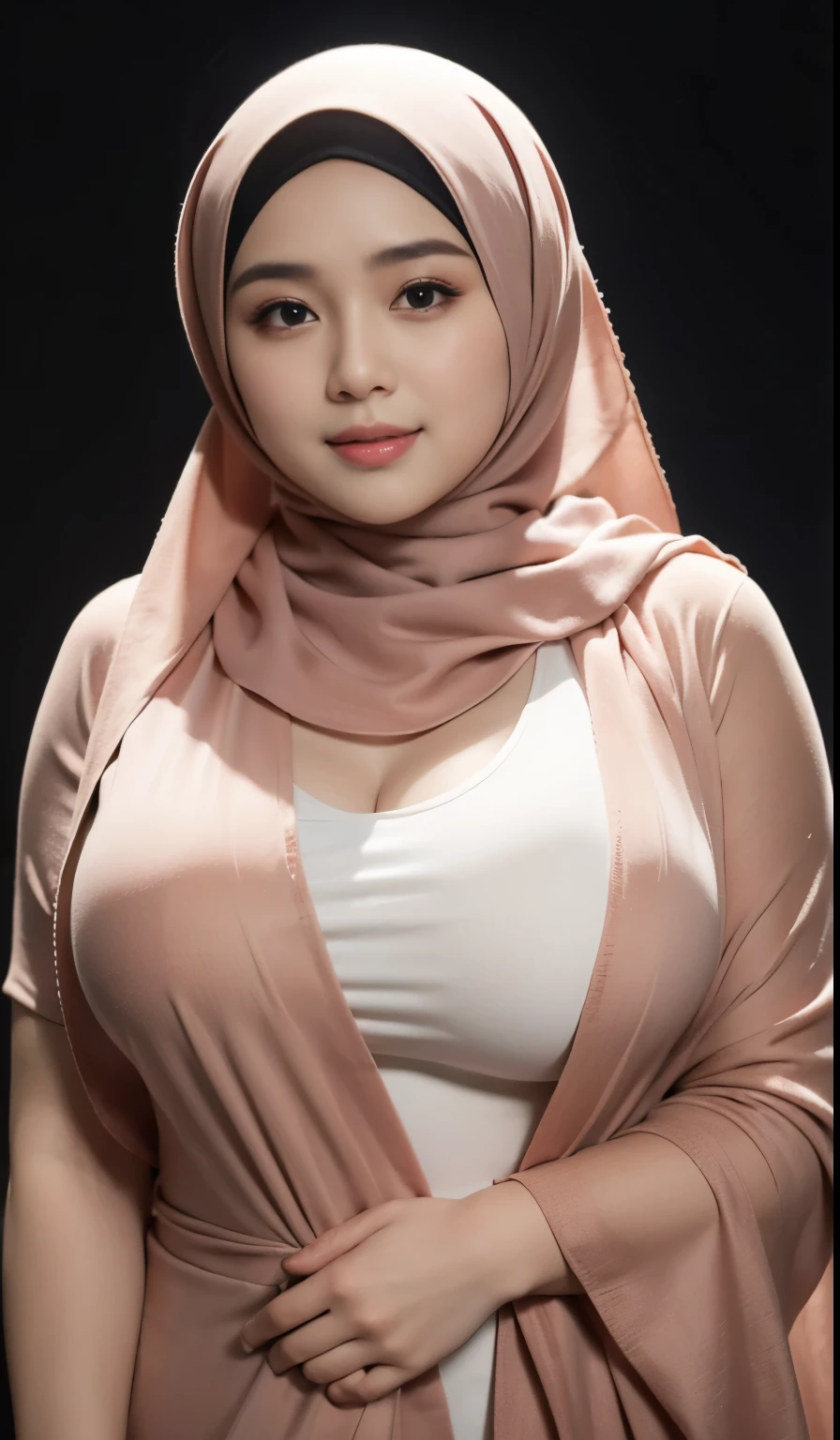 RAW, Best quality, high resolution, masterpiece: 1.3), beautiful Malay woman in hijab (iu:0.8)1beautiful  Malay woman in hijab wearing modern youth Muslim clothing,big breast, modern muslim fashion, flowing shawl, portrait photography, mid shot photo, ultra detail, professional photo with professional lighting, smile, random background, sexy seductive pose, curvy ,