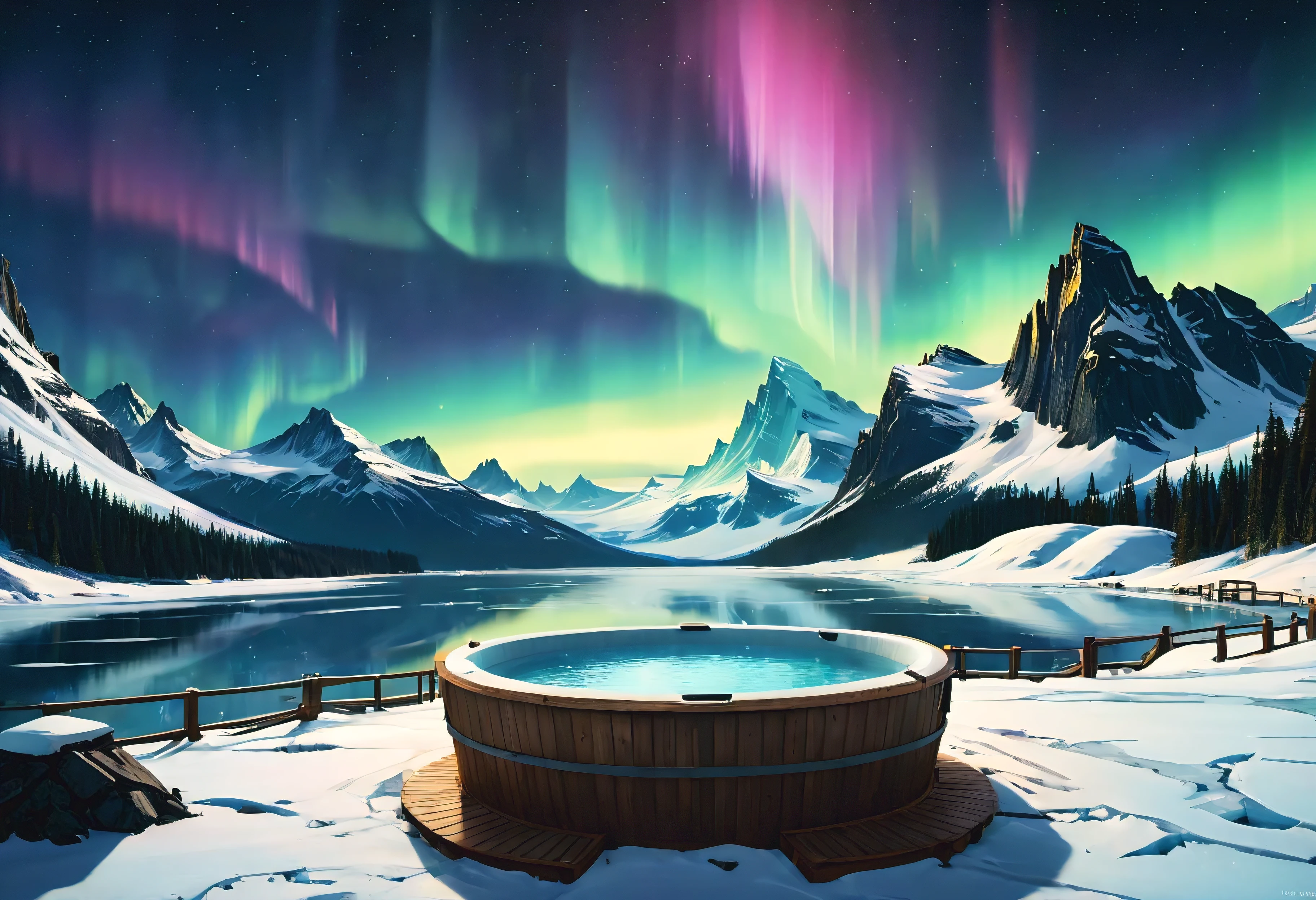 (Masterpiece in maximum 16K resolution), the best quality, (very detailed CG unity 16k wallpaper quality),(Soft colors 16k highly detailed digital art),Super Detailed. | Perfect image,16k UE5,official painting, superfine, Depth of field, no contrast, clean sharp focus, professional, No blurring. | The corner outdoor spa area on resort terrace overlooks the snowy lake, mesmerizing frozen lake, ((winter night):1.2),((aurora borealis):1.2),delicate white snow, amazing wallpapers, beautiful surroundings, optimistic matte painting, Beautiful digital artwork, lonely resort background, Beautiful and detailed scenes, UHD underground, UHD landscape, Relaxing concept art, beautiful winter resort. | (((More detail))).