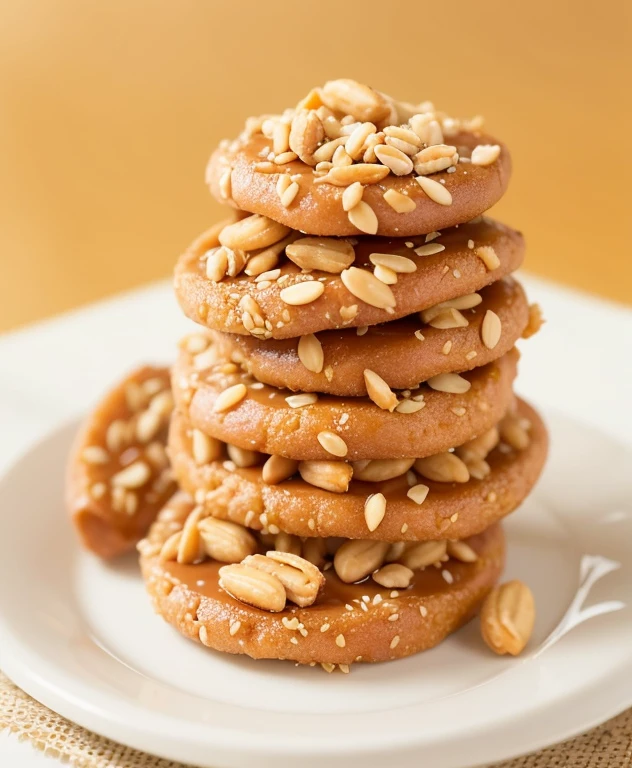 there is a stack of peanut crispr treats on a plate, caramel, 240p, luscious sesame seeds, crisp. Very detailed, Heavy grain and high quality, qiangshu, tasty, describe, 4 0 9 6, High quality products image”, snack, No logo!!!, High quality products, Add context，Make people more appetizing,