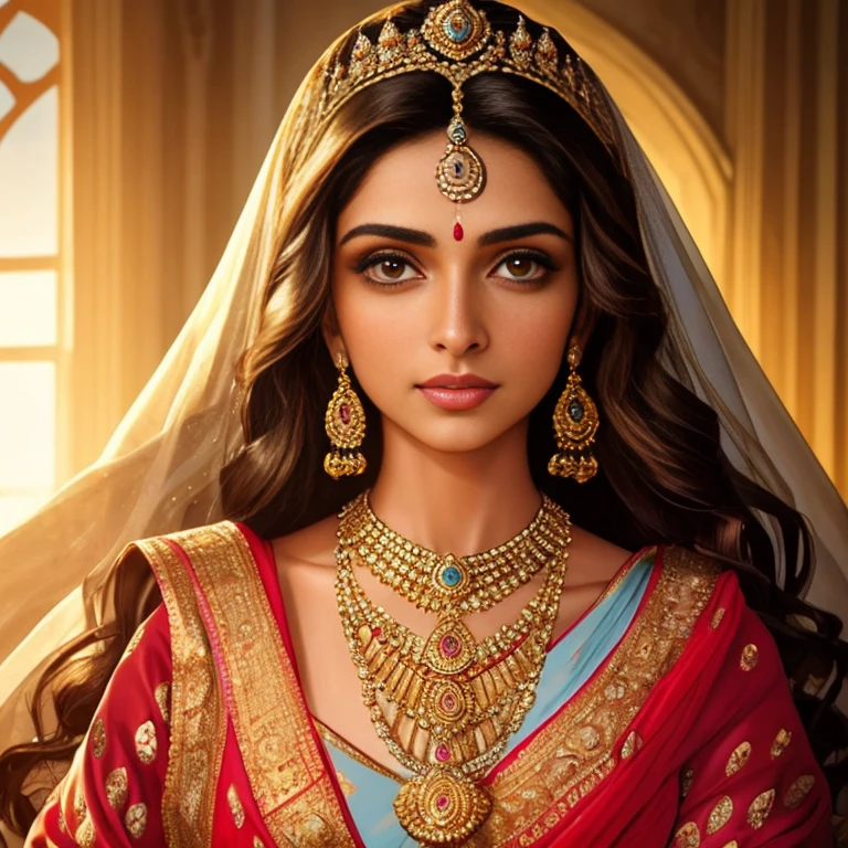 Generate a picture of Dipika Padukone in best quality, a masterpiece of epic proportions, a perfect artwork, an ancient dynasty brought to life in modern times, a meditation on beauty and grace. A stunning 30-year-old queen sits before us, her facial features striking and detailed, her hair cascading down in wavy, shiny waves. Her age is evident in the wisdom etched into her features, yet her beauty remains unmarred, an ageless wonder.
Her body, a perfect curve of softness and strength, is bathed in soft, golden light. The sun's rays filter through the room, casting a sun-kissed glow upon her perfect skin
