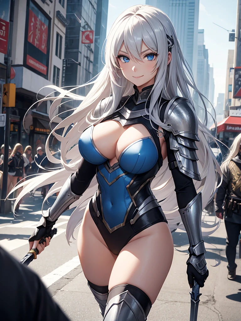 Female knight, leotard armor, long silver hair, blue eyes, smiling, walking in the crowded city, holding a weapon in hand, huge bust