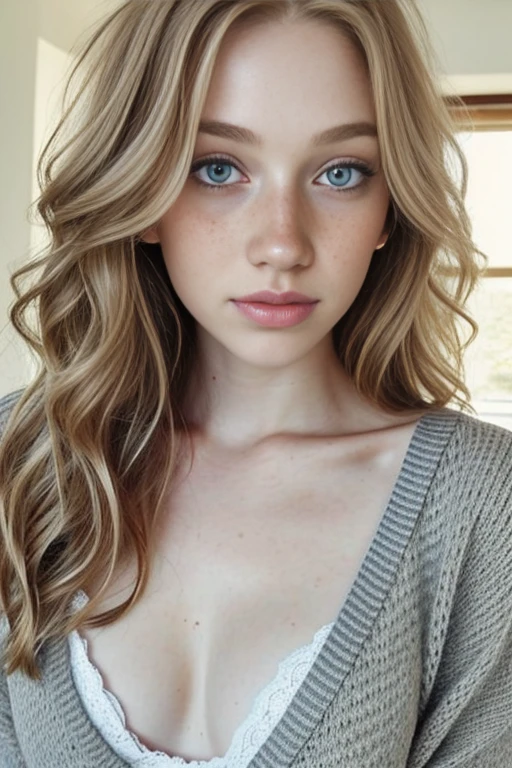 1girl in, 19, Solo, Aesthetic artwork, irish, wavy strawberry blonde hair, shoulder length hair, gray eyes, light grey eyes, some small freckles, pale skin, runners body, (textured skin, skin pores:1.1), goosebumps, wearing a cardigan without anything underneath, no bra, exposed breasts, sexy pose